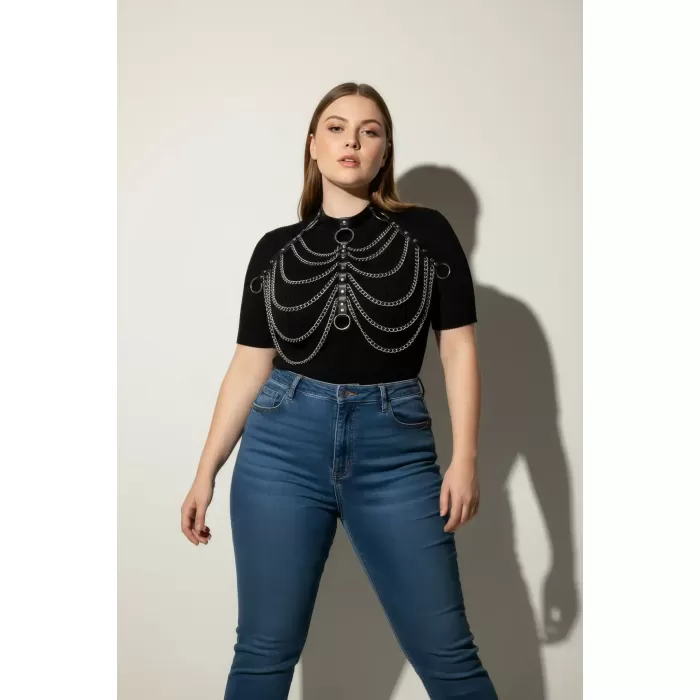 Büyük Beden Siyah Kadın Kemer Zincir Detaylı Deri Harness Vücut Aksesuarı - APFT401