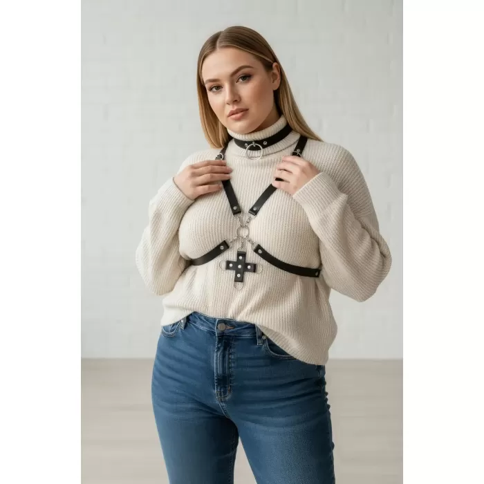 Büyük Beden Siyah Kadın Kemer Choker Yaka Haç Detaylı Deri Harness - APFT404