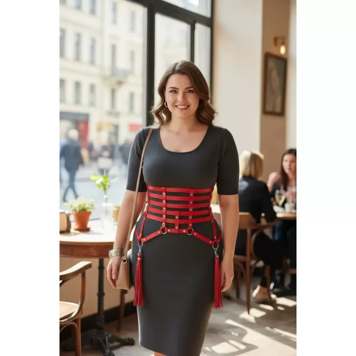 Büyük Beden Kırmızı Kadın Kemer Korse Stil Püskül Detaylı Deri Aksesuar - APFT408