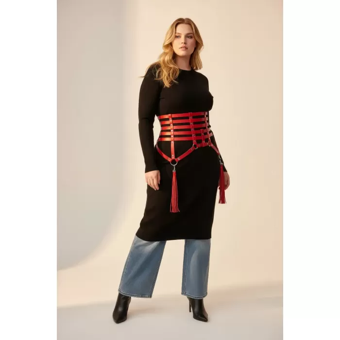 Büyük Beden Kırmızı Kadın Kemer Korse Stil Püskül Detaylı Deri Aksesuar - APFT408