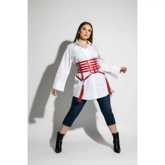 Büyük Beden Kırmızı Kadın Kemer Korse Stil Püskül Detaylı Deri Aksesuar - APFT408