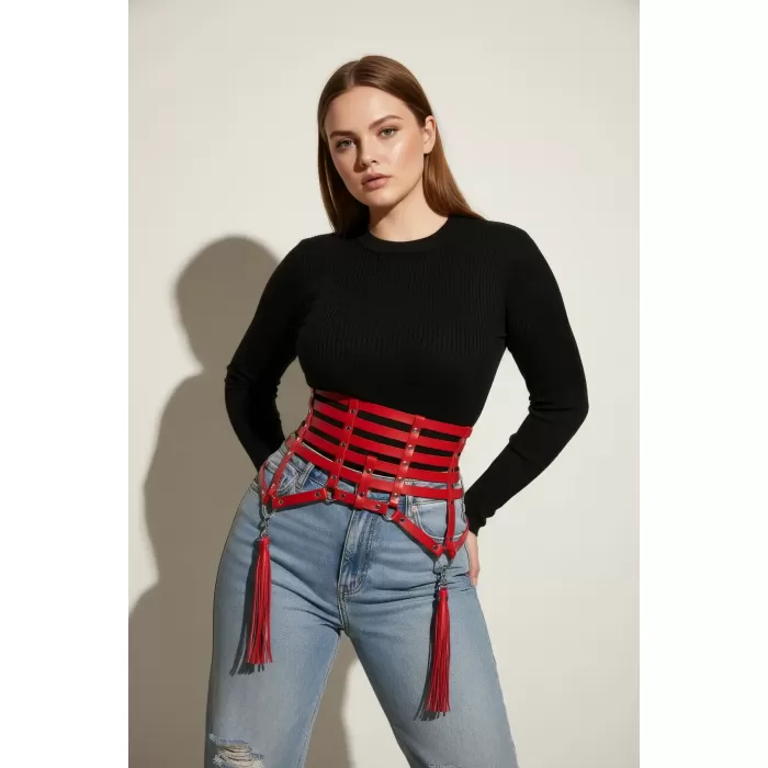 Büyük Beden Kırmızı Kadın Kemer Korse Stil Püskül Detaylı Deri Aksesuar - APFT408