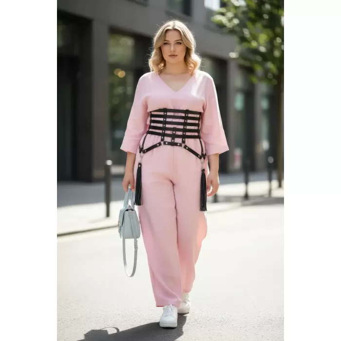 Büyük Beden Siyah Kadın Korse Kemer Püskül ve Zincir Detaylı Deri - APFT408