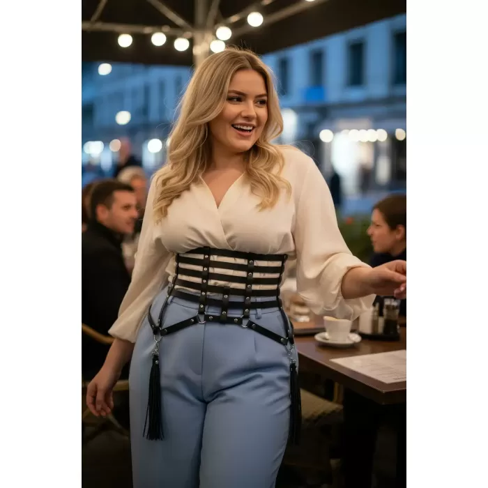 Büyük Beden Siyah Kadın Korse Kemer Püskül ve Zincir Detaylı Deri - APFT408