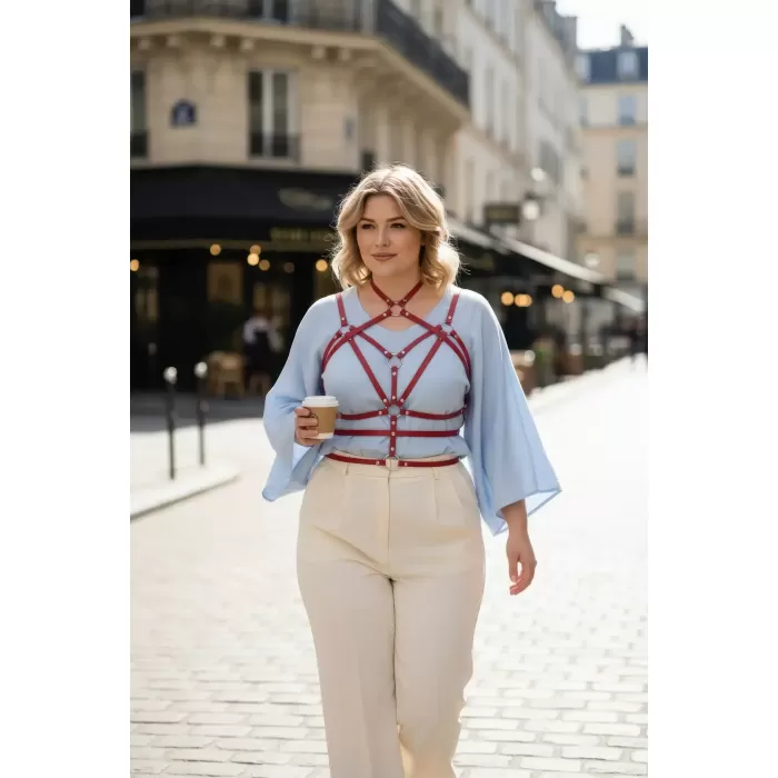 Büyük Beden Kırmızı Kadın Kemer Halka Detaylı Deri Vücut Jartiyeri - APFT430