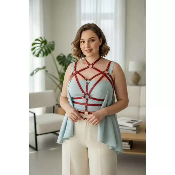 Büyük Beden Kırmızı Kadın Kemer Halka Detaylı Deri Vücut Jartiyeri - APFT430