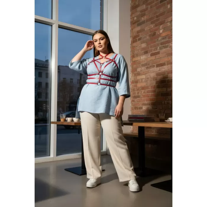 Büyük Beden Kırmızı Kadın Kemer Halka Detaylı Deri Vücut Jartiyeri - APFT430