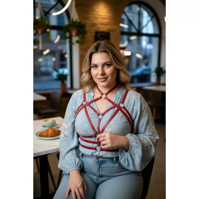 Büyük Beden Kırmızı Kadın Kemer Halka Detaylı Deri Vücut Jartiyeri - APFT430