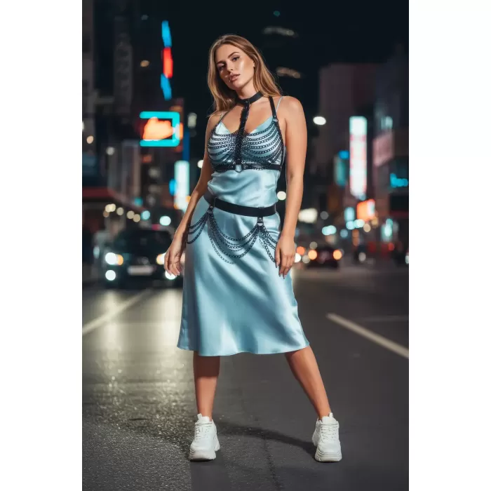 Büyük Beden Siyah Deri Kadın Kemer Zincir Detaylı Vücut Aksesuarı - APFT438