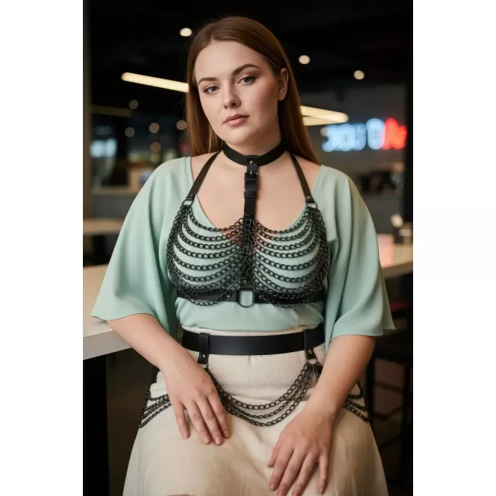 Büyük Beden Siyah Deri Kadın Kemer Zincir Detaylı Vücut Aksesuarı - APFT438