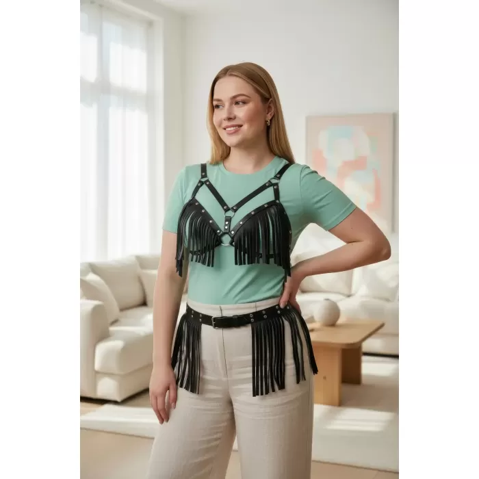 Büyük Beden Siyah Kadın Kemer Püskül Detaylı Deri Kombin Aksesuar - APFT440