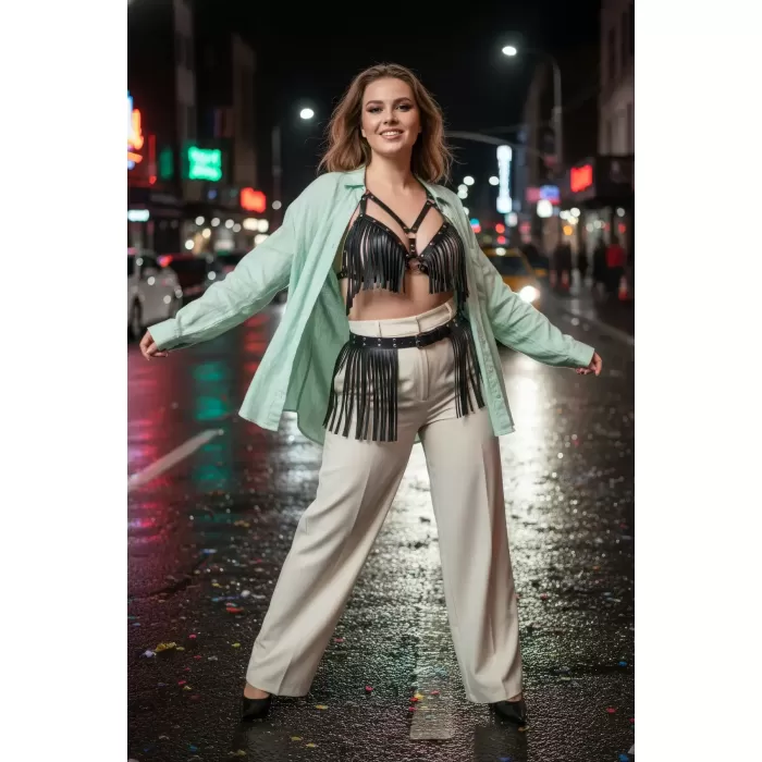 Büyük Beden Siyah Kadın Kemer Püskül Detaylı Deri Kombin Aksesuar - APFT440