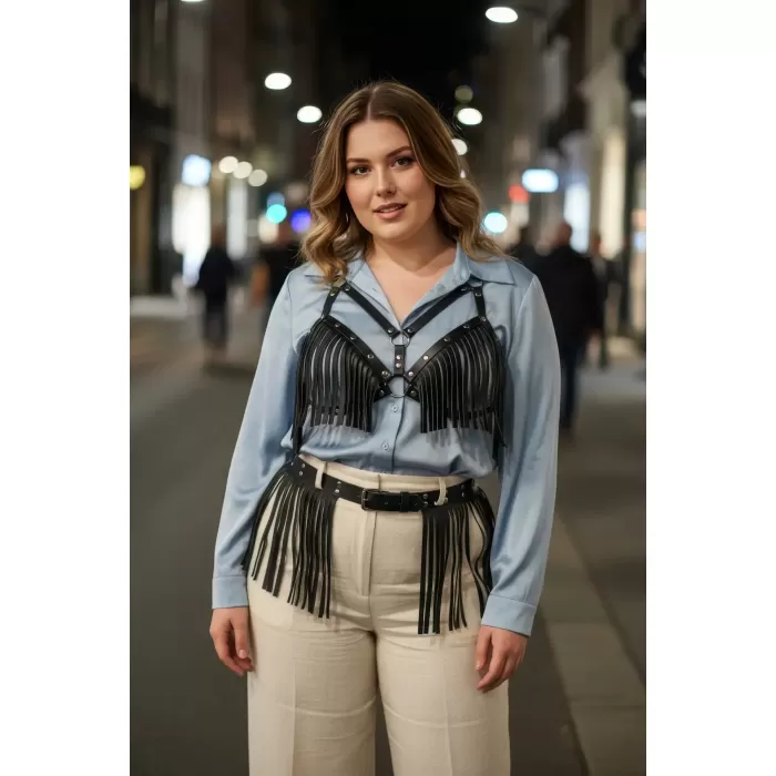 Büyük Beden Siyah Kadın Kemer Püskül Detaylı Deri Kombin Aksesuar - APFT440