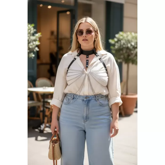 Büyük Beden Siyah Kadın Kemer Zincir Detaylı Deri Vücut Aksesuarı - APFT463