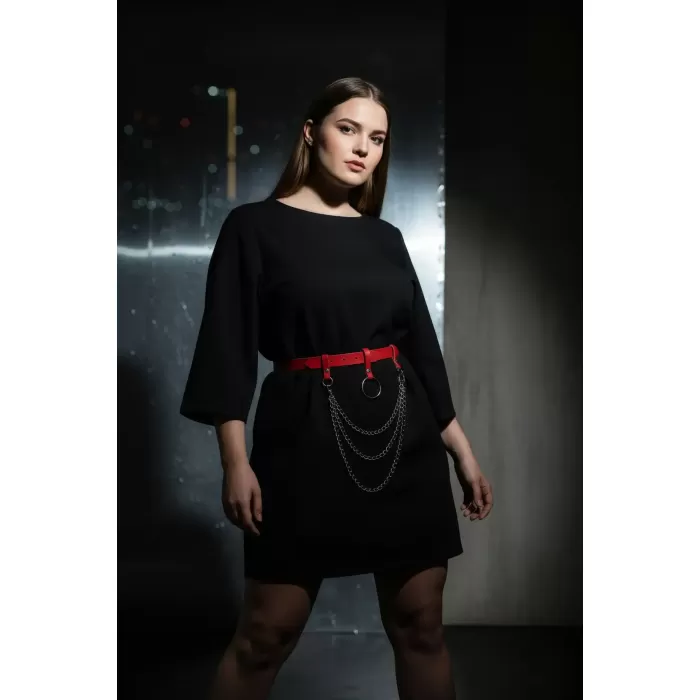 Büyük Beden Kırmızı Kadın Kemer Halka Tokalı Zincir Detaylı Deri Aksesuar - APFT484