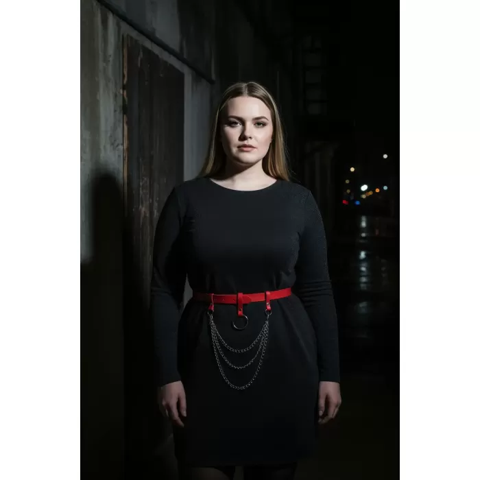 Büyük Beden Kırmızı Kadın Kemer Halka Tokalı Zincir Detaylı Deri Aksesuar - APFT484