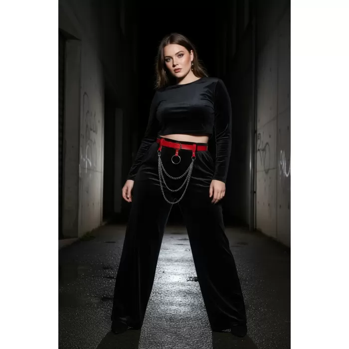 Büyük Beden Kırmızı Kadın Kemer Halka Tokalı Zincir Detaylı Deri Aksesuar - APFT484