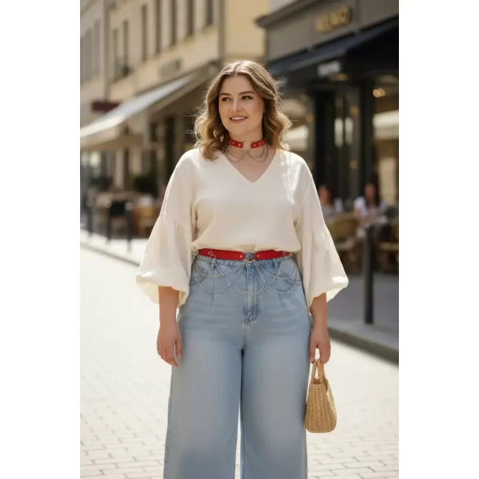 Büyük Beden Kırmızı Kadın Kemer Zincir Detaylı Şık Deri Aksesuar - APFT506