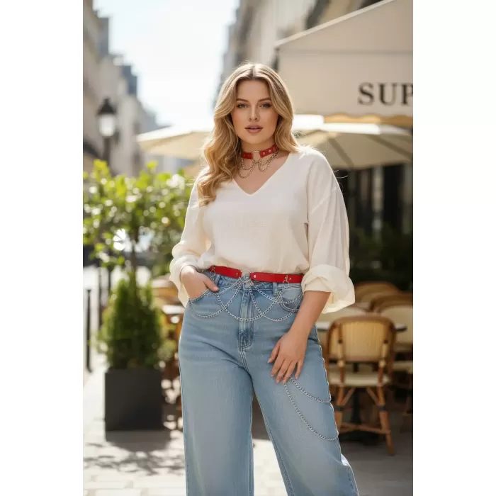 Büyük Beden Kırmızı Kadın Kemer Zincir Detaylı Şık Deri Aksesuar - APFT506