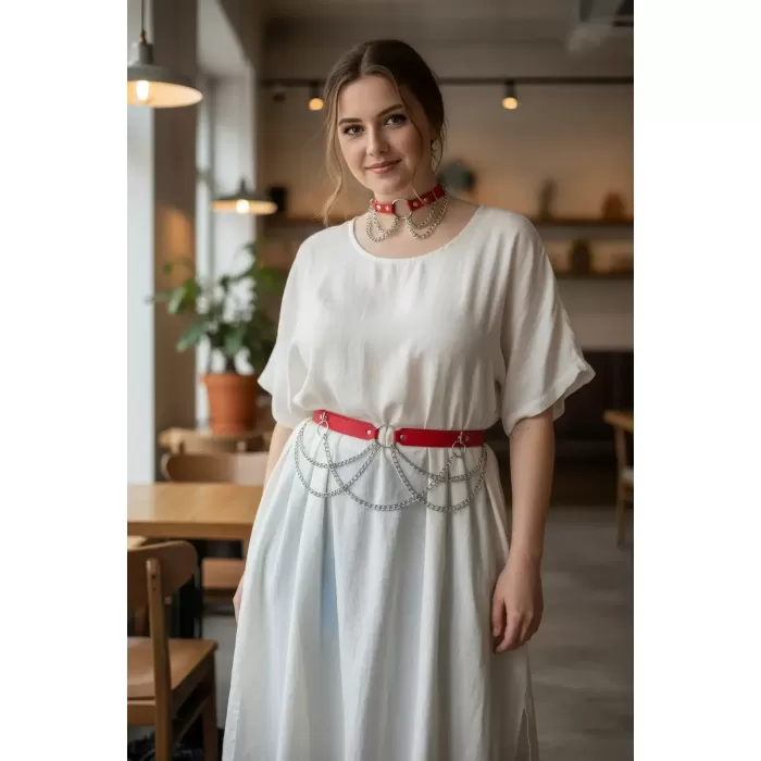 Büyük Beden Kırmızı Kadın Kemer Zincir Detaylı Şık Deri Aksesuar - APFT506