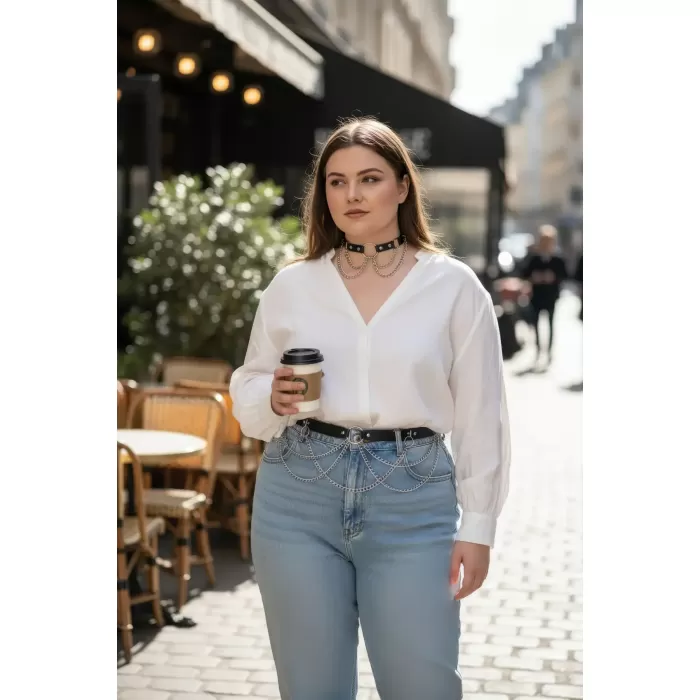 Büyük Beden Siyah Kadın Kemer Zincir Detaylı Deri Görünümlü Kombin Aksesuarı - APFT506