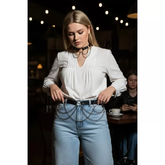 Büyük Beden Siyah Kadın Kemer Zincir Detaylı Deri Görünümlü Kombin Aksesuarı - APFT506