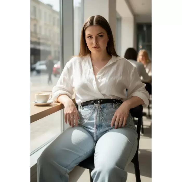 Büyük Beden Siyah Kadın Kemer Çoklu Zincir Detaylı Kombin Aksesuarı - APFT512