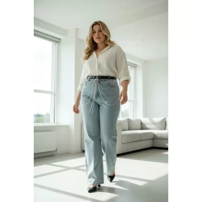 Büyük Beden Siyah Kadın Kemer Çoklu Zincir Detaylı Kombin Aksesuarı - APFT512