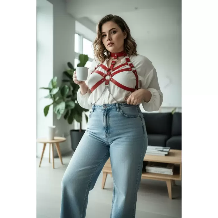 Büyük Beden Kırmızı Kadın Kemer, Harness Stilinde Göğüs Detaylı Deri Vücut Aksesuarı - APFT517