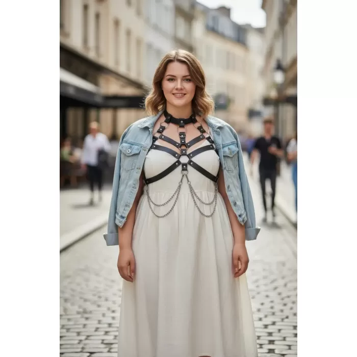 Büyük Beden Siyah Kadın Kemer Zincir Detaylı Deri Harness Vücut Aksesuarı - APFT517