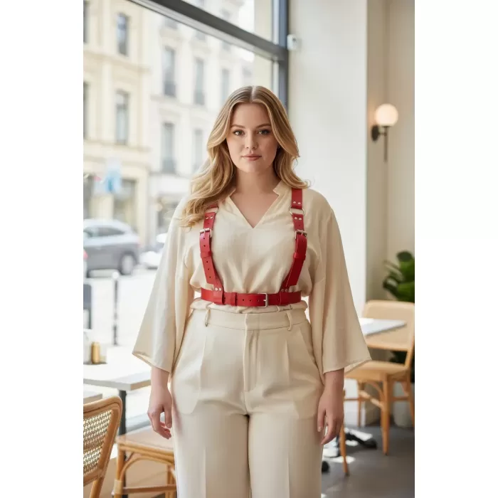 Büyük Beden Kırmızı Kadın Kemer, Kalın Deri Harness Vücut Aksesuarı - APFT529