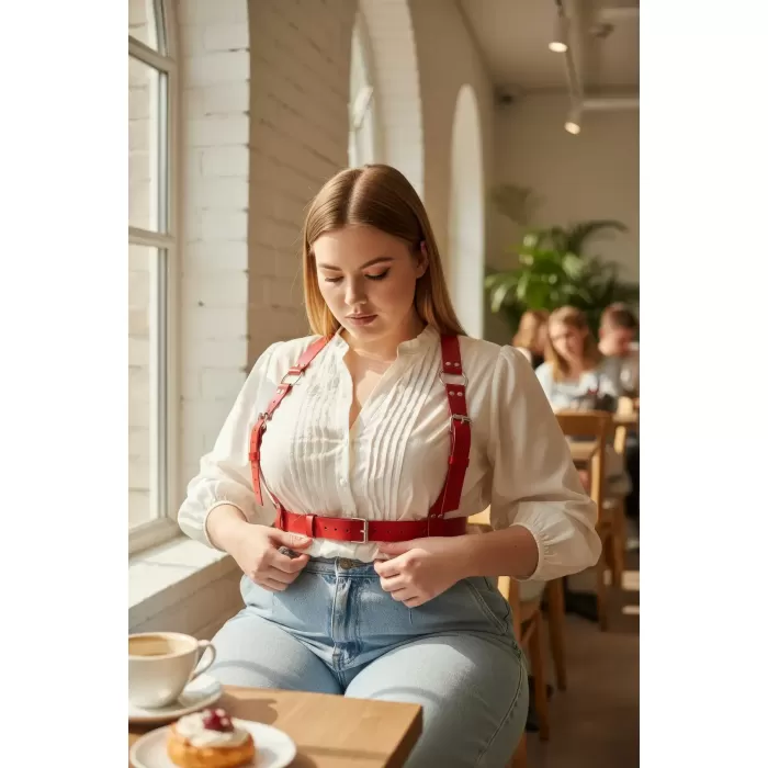 Büyük Beden Kırmızı Kadın Kemer, Kalın Deri Harness Vücut Aksesuarı - APFT529