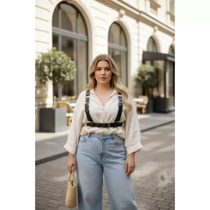 Büyük Beden Siyah Kadın Kemer Çok Tokalı Deri Harness Korse Tasarım - APFT529