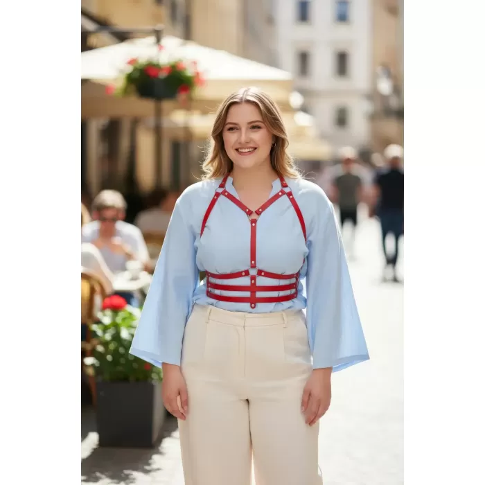 Büyük Beden Kırmızı Kadın Kemer Korse Detaylı Deri Harness Aksesuarı - APFT543