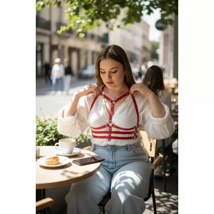 Büyük Beden Kırmızı Kadın Kemer Korse Detaylı Deri Harness Aksesuarı - APFT543