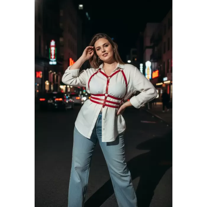 Büyük Beden Kırmızı Kadın Kemer Korse Detaylı Deri Harness Aksesuarı - APFT543