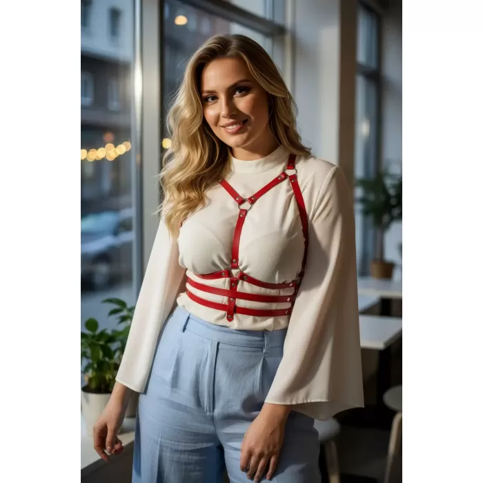 Büyük Beden Kırmızı Kadın Kemer Korse Detaylı Deri Harness Aksesuarı - APFT543