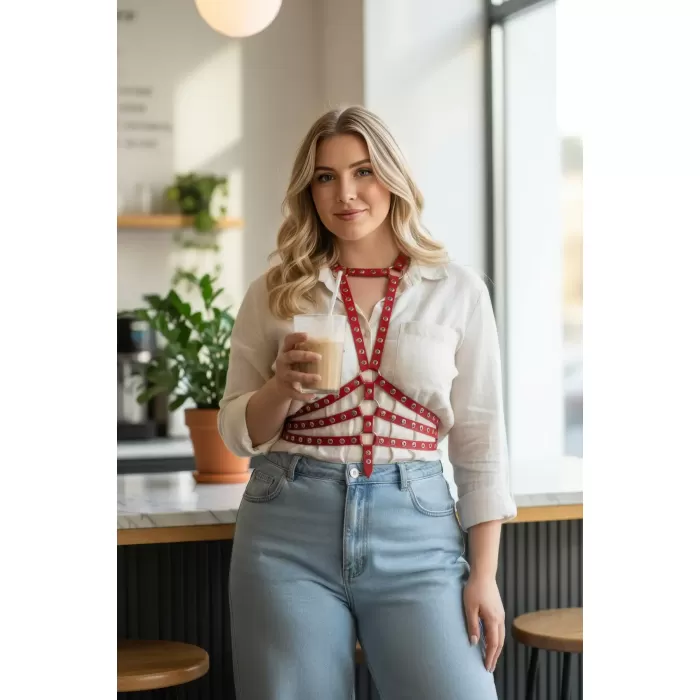 Büyük Beden Kırmızı Kadın Kemer Harness Tarzı Metal Detaylı Deri Vücut Aksesuarı - APFT546