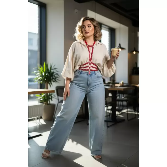 Büyük Beden Kırmızı Kadın Kemer Harness Tarzı Metal Detaylı Deri Vücut Aksesuarı - APFT546