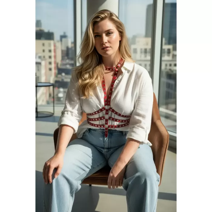 Büyük Beden Kırmızı Kadın Kemer Harness Tarzı Metal Detaylı Deri Vücut Aksesuarı - APFT546