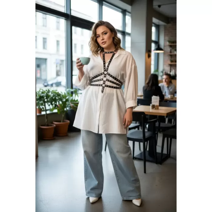 Büyük Beden Siyah Kadın Kemer, Perçinli Deri Harness Vücut Aksesuarı - APFT546