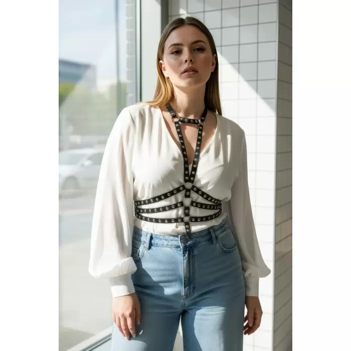 Büyük Beden Siyah Kadın Kemer, Perçinli Deri Harness Vücut Aksesuarı - APFT546