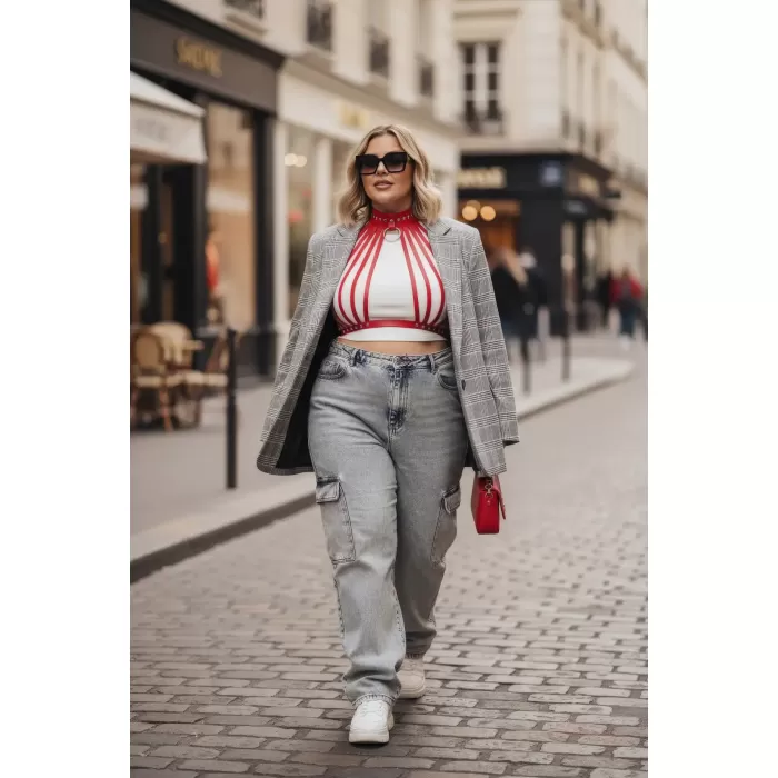 Büyük Beden Kırmızı Kadın Kemer Korse Tarzı Metal Detaylı - APFT551