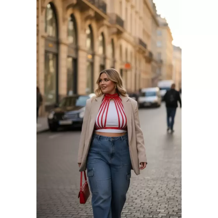 Büyük Beden Kırmızı Kadın Kemer Korse Tarzı Metal Detaylı - APFT551