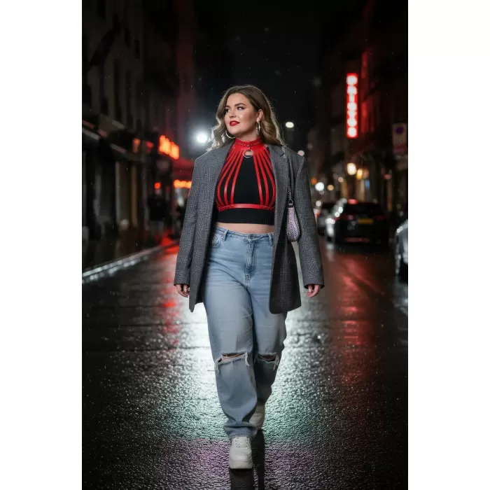 Büyük Beden Kırmızı Kadın Kemer Korse Tarzı Metal Detaylı - APFT551