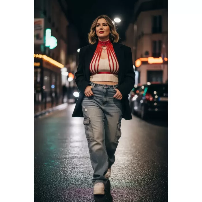 Büyük Beden Kırmızı Kadın Kemer Korse Tarzı Metal Detaylı - APFT551