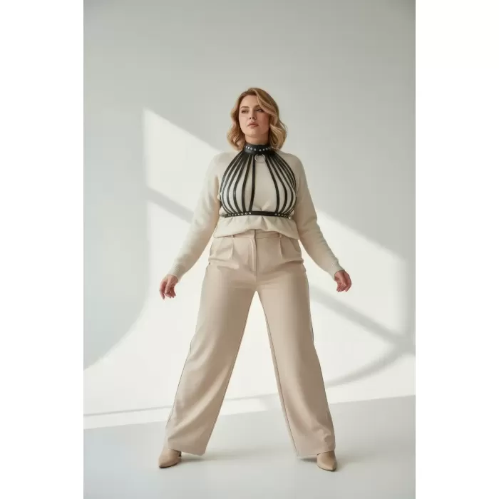 Büyük Beden Siyah Kadın Kemer Vücut Kuşağı Tarzı Halka Detaylı Deri Aksesuar - APFT551