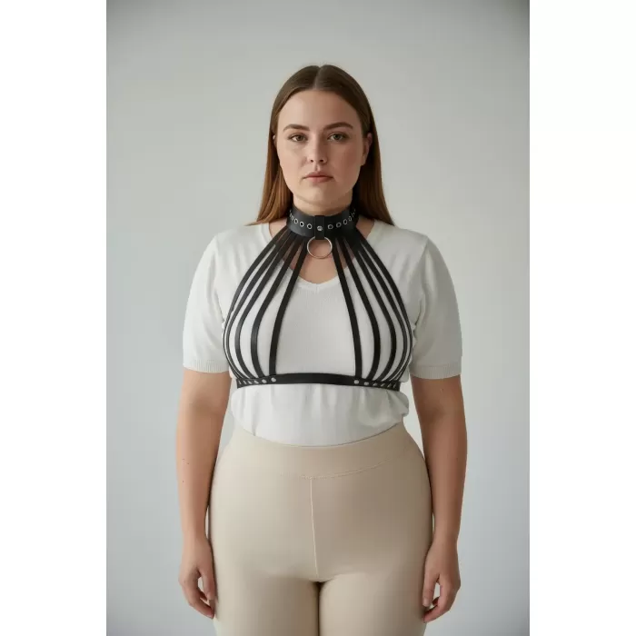 Büyük Beden Siyah Kadın Kemer Vücut Kuşağı Tarzı Halka Detaylı Deri Aksesuar - APFT551