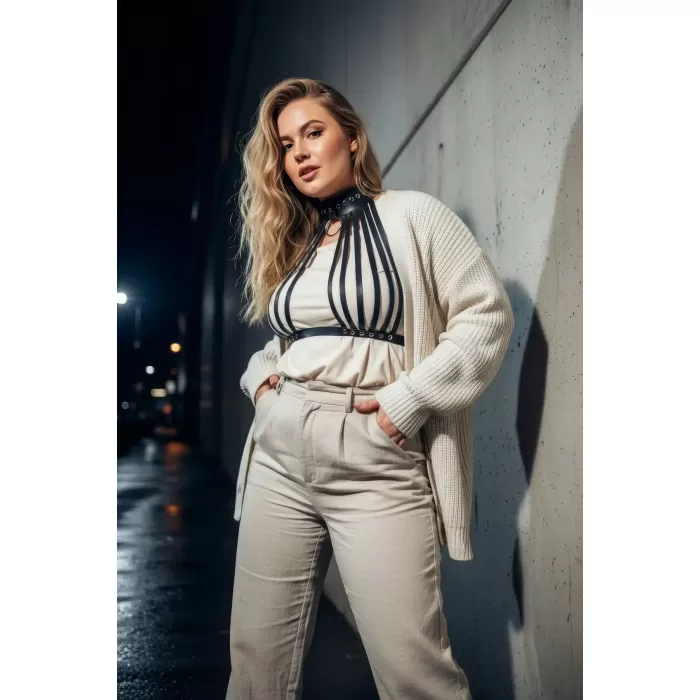 Büyük Beden Siyah Kadın Kemer Vücut Kuşağı Tarzı Halka Detaylı Deri Aksesuar - APFT551