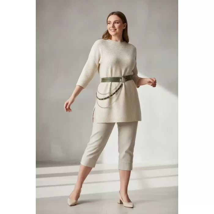 Büyük Beden Haki Kadın Kemer Zincir Detaylı Çoklu Kayışlı Deri Görünüm - APFT586